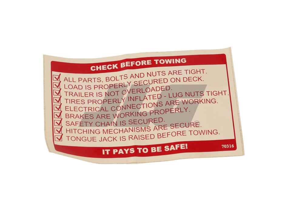 JLG Part # 70316 -  Decal-Check Before Towing