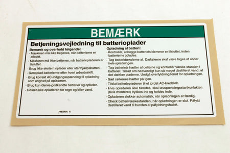 Genie 72970DAGT DECAL,NOTICE,CHARGER INSTRUC