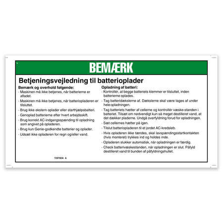 Genie 72970DAGT DECAL,NOTICE,CHARGER INSTRUC