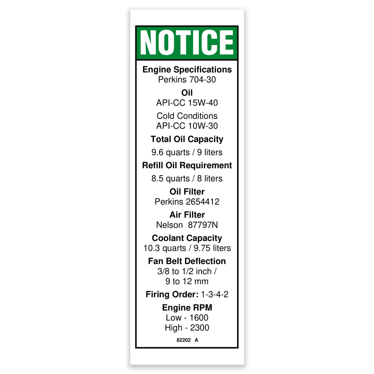 Genie 82202GT DECAL,ENGINE SPEC,PERKINS***