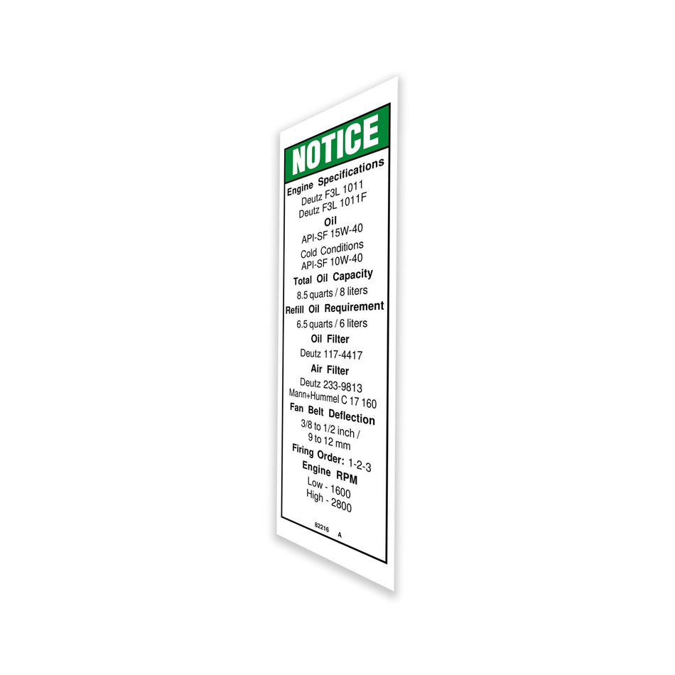 Genie 82216GT DECAL,NOTICE,DEUTZ ENG SPEC***