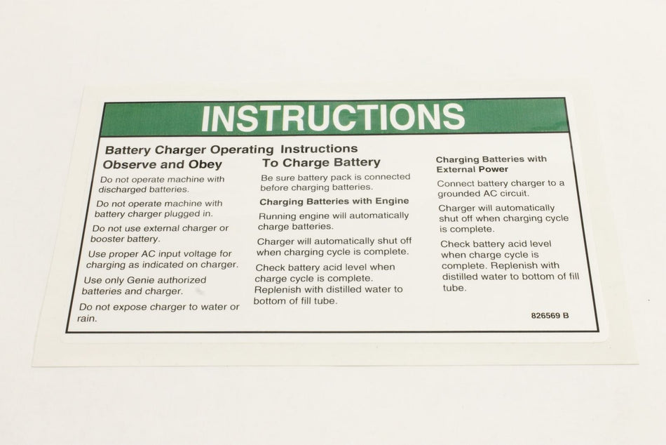 Genie 826569GT DECAL,INSTRUCTIONS-CHARGER OP