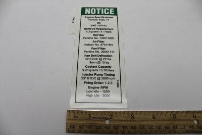 Genie 82901GT DECAL,NOTICE PERKINS ENGINE SP