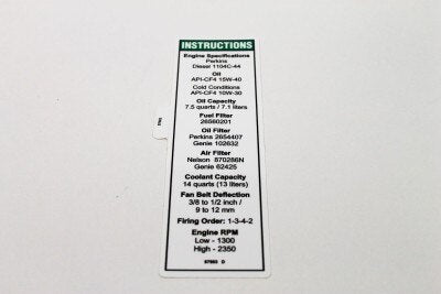 Genie 97603GT DECAL,NOTICE,PERKINS ENGINE,T2