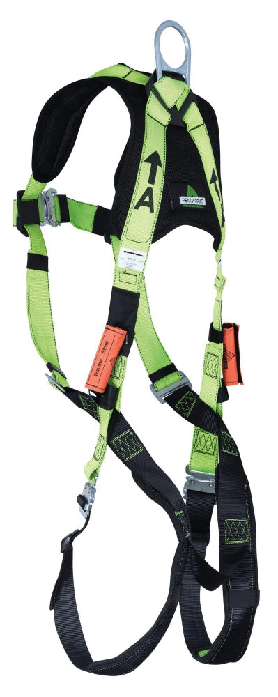 Safety harness with green and black straps on a white background