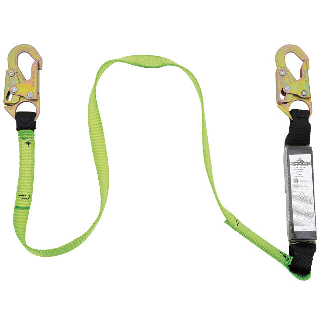 Safety harness with green strap and yellow carabiners on a white background