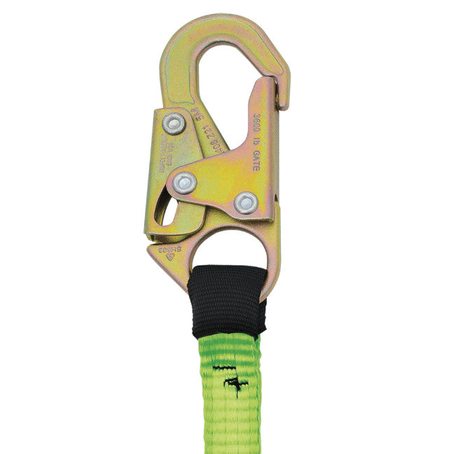 Safety harness carabiner with green webbing on a white background